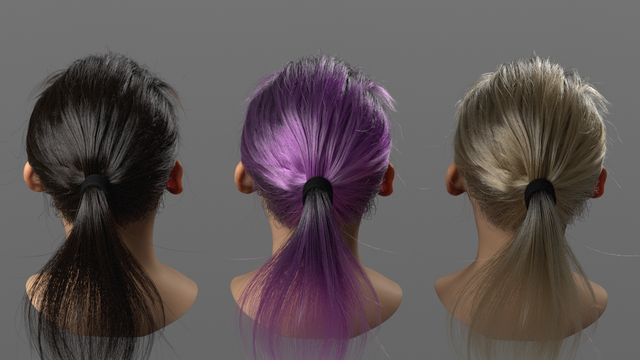 Three different examples of the Chiang Hair BSDF in MaterialX v1.39.2, rendered in NVIDIA RTX.