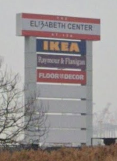 As promised, the mall sign visible from the turnpike.  It advertises an IKEA, a Raymour & Flanigan, and a Floor & Decor.  At the top is the sign that names the mall itself, ELIZABETH CENTER, with the IZA replaced by 13A, in a different font.