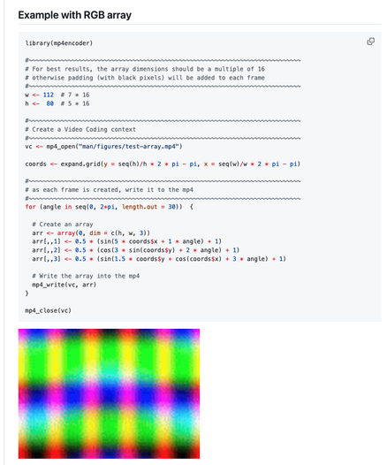 A code example using mp4encoder to create an animation with RGB arrays