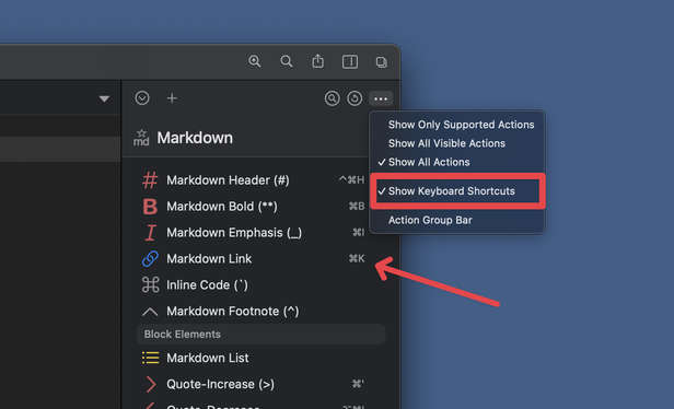 Screenshot of Mac version of Drafts, showing keyboard shortcuts display options.