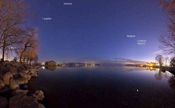 Abendlicher Blick über den Starnberger See mit den 6 Planeten am Himmel, jeweils beschriftet.