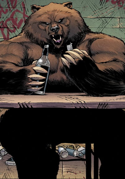 Comic book image of Mikhail Ursus, in the form of Ursa Major. The image shows a large brown bear sitting at a table with claw marks, holding a bottle of liquor and a lighter. The background walls are scratched with graffiti