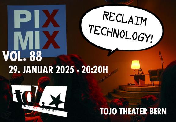 PIXMIX Visual - eine gemütliche Bühne, Publikum, Thema Reclaim Technology, Logos von Tour de Lorraine und PIXMIX sowie Daten aus dem Post.