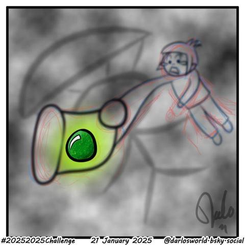 Drawing of Darlo stretching to catch a mysterious glowing grape with a cloudy background.