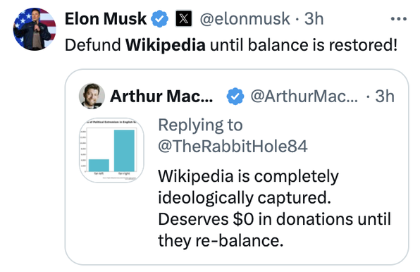 Elon Musk
@elonmusk
·
3h
Defund Wikipedia until balance is restored!