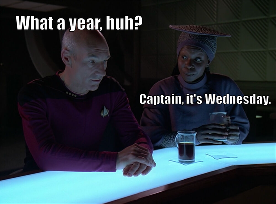 adapted Tintin Capitaine Archibald Haddock meme but of Picard at the Ten Forward bar saying pensively "What a year, huh?" and Guinan replying "Captain, it's Wednesday."