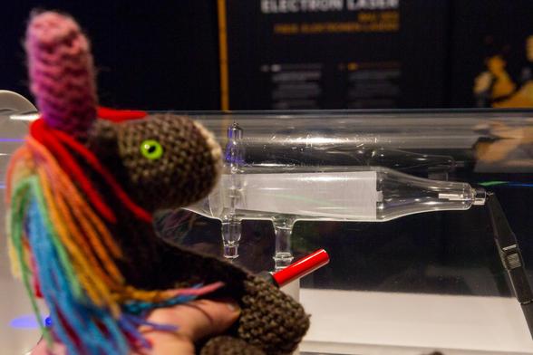 Max, das bunte Strickhorn, hält einen Stabmagneten (im Foto ist das rot gefärbte Ende zu sehen) in die Nähe einer Kathodenstrahlröhre; darin werden Elektronen von links nach rechts beschleunigt, sie treffen auf einen schräg eingespannten weißen Zettel und hinterlassen dort eine grün leuchtende Spur.
Durch das Magnetfeld werden die Elektronen nach unten abgelenkt, wie Max mit der Rechte-Huf-Regel schnell nachprüfen kann.