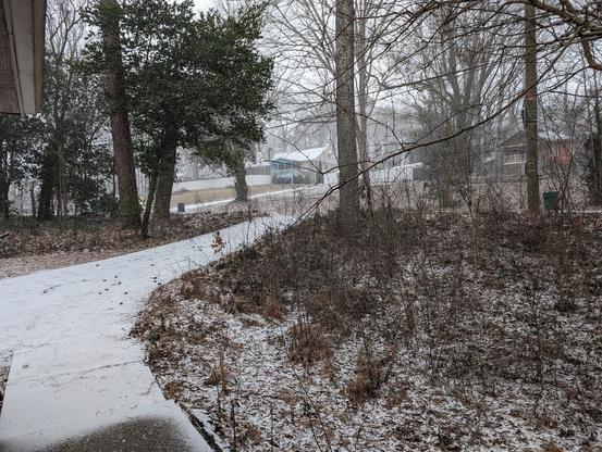 Photo in a residential area. A driveway and walkway are covered in a light dusting of snow, as are roofs and driveways of houses across the street. There's snow in the grass, but not enough to cover it. Sowflakes can be clearly seen in the air in front of a few dense trees.