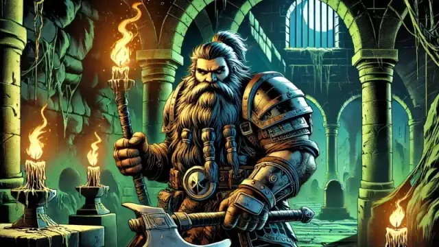 Concept art for the "Dungeons & Dragons Horrified" board game, featuring a dwarf warrior in a creepy dungeon.
