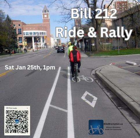 Photo of people riding in a bike lane with a QR code, the ride date, and the text "Bill 212 Ride & Rally"
