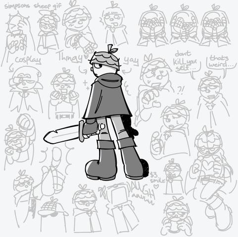 various gray sketches of a wooden puppet with an acorn top helmet, hooded capelet and fingerless gloves. in the center is a lined and shaded grayscale drawing of them with their back to the camera and a chipped wooden sword in their hand. they're looking behind them with a blank stare. the sketches include them looking concerned, excited, annoyed and scared. one sketch has them dressed as geno from mario rpg and another is fullbody with a heart in front of their chest.