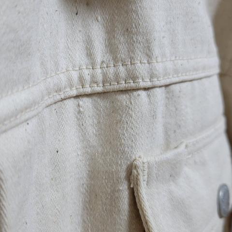 Closeup of the front yoke of an off-white sateen jacket