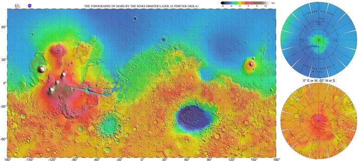 image/map - the topography of Mars by the Mars Orbital Laser Altimeter (MOLA)