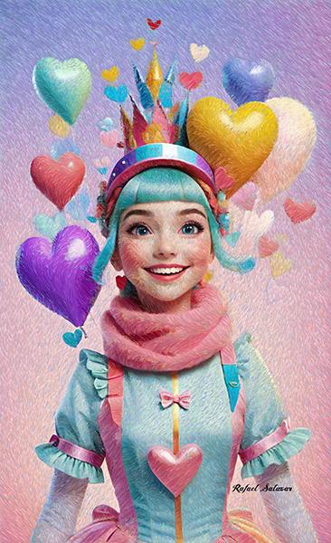 A colorful artwork of a smiling figure with bright blue eyes, pastel tones, a heart-shaped crown, and floating hearts in a dreamy, vibrant composition.