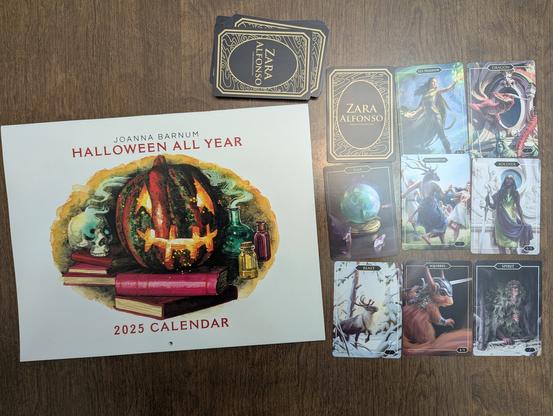 Joanna Barnum's 2025 Halloween All Year Jack-o'-Lantern calender on the left, and tokens from Zara Alfonso and Eelis Kyttanen's Token Trove. Tokens shown are: elf warrior, dragon, clue, shapeshifter, soldier, beast, squirrel, and spirit.