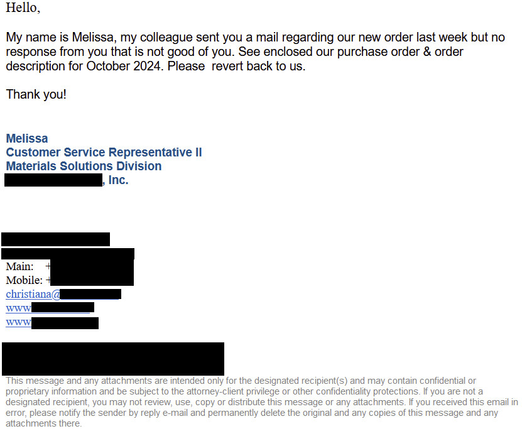 Example of email containing the malicious attachment.