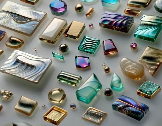An assortment of collected pocket-sized colorful and iridescent jewel toned glass and metal objects, arranged on a neutral background.