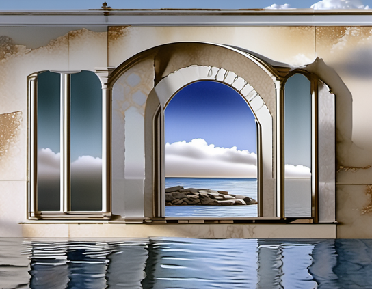 Surreal roofless ruins of cement and marble, flooded inside, with an ocean view and soft clouds visible through chipping arches. AI Impressionism style.