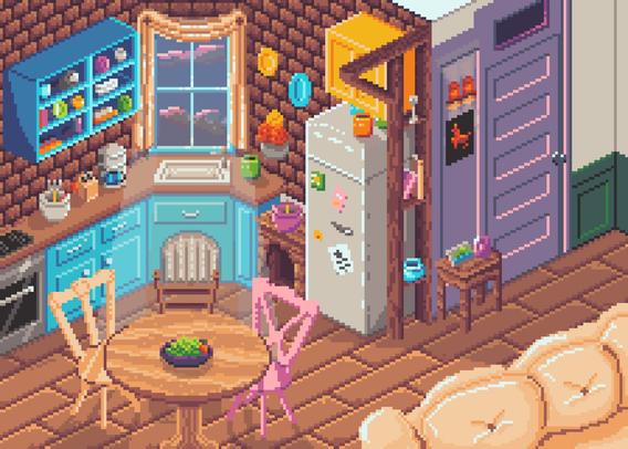 An isometric pixel art view into a kitchen and living room. The colours are vivid and bright. There is a wooden table with mismatched chairs; turquoise kitchen cabinets; a puffy beige sofa; and wooden flooring.

It is a bit of a famous kitchen and living room. :)