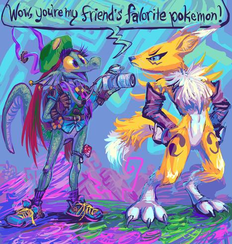 anthropomorphic dragon person wearing scout-type attire adorned with cookies rather than badges, holding up a camera and stating "Wow, you're my friend's favorite pokemon!" to a yellow humanoid fox or rabbit creature wearing purple sleeves who seems angry or annoyed