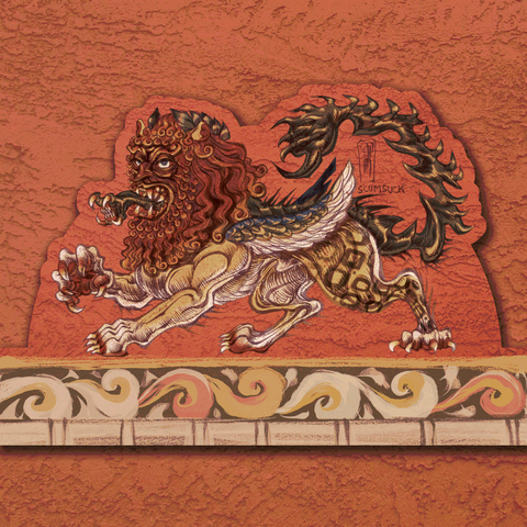 A drawing of a creature with a lion's mane, person's face, xenomorph inner jaw, leopard hind legs, stylized bird wings, and a giant scorpion's tail.  It is posed walking on a pattern of swirls and bricks.