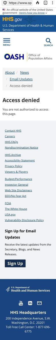 Capture d'écran du US Department of Health and Human Service, indiquant que l'accès au site sur les droits reproductifs est refusé.