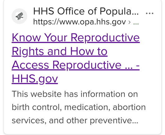 Capture d'écran de l'entrée du site web sur l'accès aux droits reproductifs du US Health and Human Service, l'agence fédérale américaine concernant les services de santé.