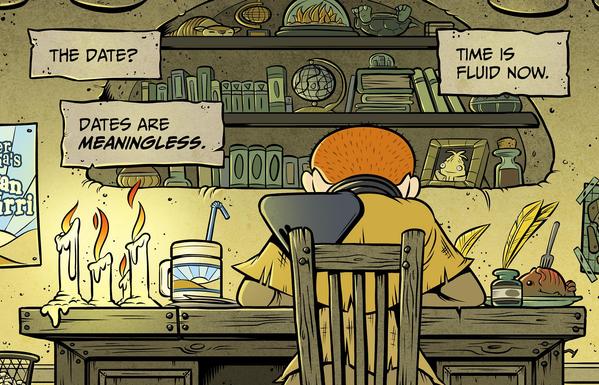 A person with close-cropped red hair is facing away from the camera, seated at a makeshift chair and table, writing a journal in a dark, candle-lit room. "the date? dates are meaningless. 
time is fluid now."