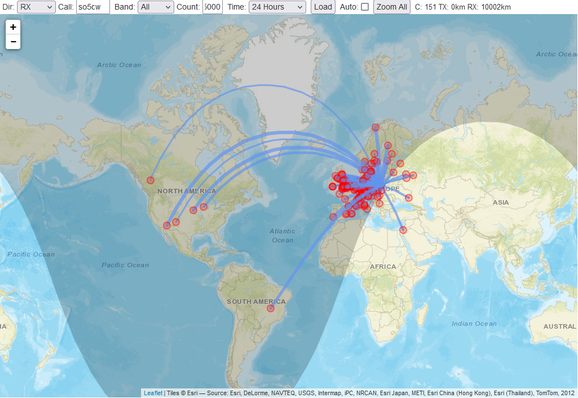 A world map showing WSPR receptions by SO5CW near Warsaw, including a couple of hits from VE7, W6, W7, W9, W0 areas.