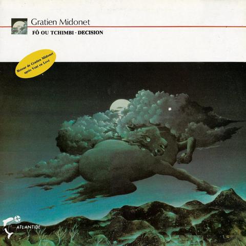 The cover art is a surreal painting of a mountain landscape, with a dark sky taking up most of the space, the focus on a group of clouds shaped like a horse, with the moon peaking out above its head. A white band is at the top of the cover, containing the artist and album names in black font, with a red horizontal line separating them.