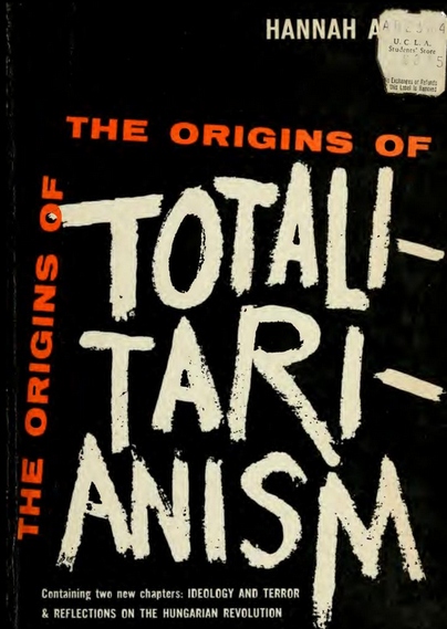 Image showing the scanned cover of Hannah Arendt's book "The origins of Totalitarianism" as it can be found in the Internet Archive. The cover is black, and just contains the words of the title in red and white letters.