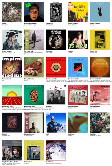 Collage des pochettes des albums de Accrual (Cheophiori), Richard Wilson Avena (Richard Wilson Avena), Dhana Jeera (Dhana Jeera), Brigitte Fontaine (Genre Humain), Brigitte Fontaine (Pick Up), Brigitte Fontaine (Rue Saint Louis En L'Île), Ben LaMar Gay (Downtown Castles Can Never Block The Sun), Goldfrapp (The Singles), GusGus (15 Ára), Human Error (Human Error), Inspiral Carpets (Life), Philippe Katerine (Zouzou), Kosmischer Läufer (The Secret Cosmic Music Of The East German Olympic Program 1972-83 - Volume Five), Kosmischer Läufer (The Secret Cosmic Music Of The East German Olympic Program 1972-83 - Volume Four), Kosmischer Läufer (The Secret Cosmic Music Of The East German Olympic Program 1972-83 - Volume One), Kosmischer Läufer (The Secret Cosmic Music Of The East German Olympic Program 1972-83 - Volume Three), Kosmischer Läufer (The Secret Cosmic Music Of The East German Olympic Program 1972-83 - Volume Two), Kraftwerk (Ralf & Florian), Marquis De Sade (Dantzig Twist), Marquis De Sade (Rue De Siam), McCarthy (I Am A Wallet), Makaya McCraven (In The Moment), Moby (18), Pink Floyd (Meddle), Pink Floyd (Obscured By Clouds), Lucy Railton / Max Eilbacher (Forma / Metabolist Meter (Foster, Cottin, Caetani And A Fly)), Peter Rehberg (At GRM), Rien Virgule (La Consolation Des Violettes)