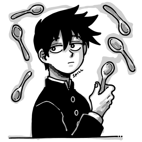Mob Psycho 100 fan art. A sketch of Ritsu Kageyama, a boy with black hair with bangs styled in a naturally cool way, wearing a school uniform. He looks to the side distractedly while holding a spoon on his right hand. Five more spoons float around him, a thread of psychic power connecting them to the spoon he holds.