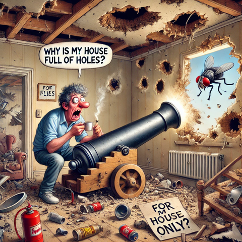 Witness the pinnacle of overreaction—a fly survives, yet the house crumbles. A masterpiece of misplaced effort and unintended consequences. Relish the irony