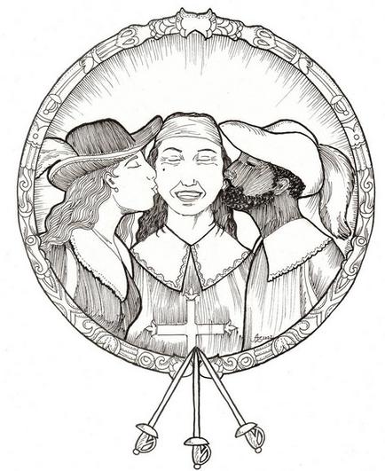 A black an white drawing. Three Musketeers are standing next to each other, two of them kissing the one in the middle who smiles with their eyes closed. The Musketeer on the right is a Black man with a beard, the other two are women. Three sabers point at the round ornate frame of the portrait.