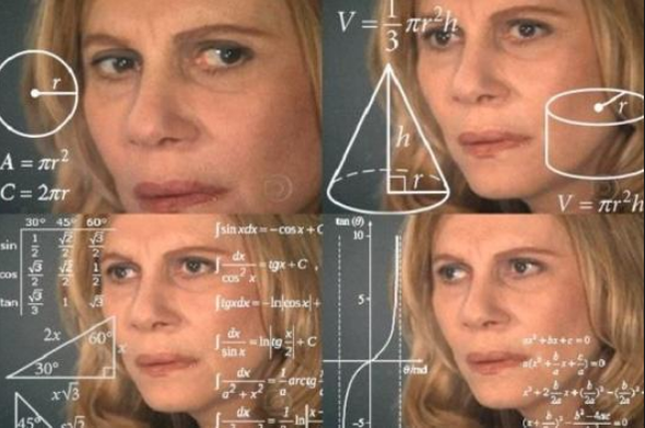 The confused math lady meme, a woman looks intensely at different directions in four frames while a series of math symbols in white outlines and fonts are superimposed on the photos.