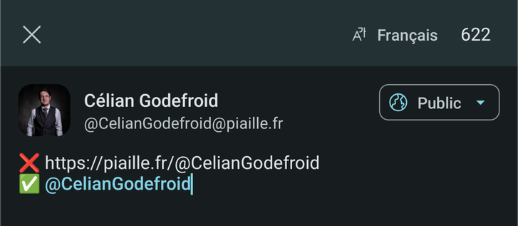 Capture d'écran Mastodon : le handle est cliquable