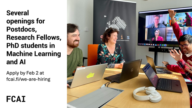 Several openings for Postdocs, Research Fellows, PhD students in Machine Learning and Al. Apply by Feb 2 at fcai.fi/we-are-hiring 
Image of smiling people around a table with laptops, faces on a Zoom call on a screen in the background.