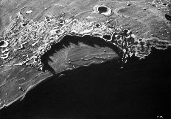 pastel drawing of the sun setting over Sinus Iridum on the Moon. As the Sun sets the edge of the bay is casting long, jagged shadows onto the floor of the basin