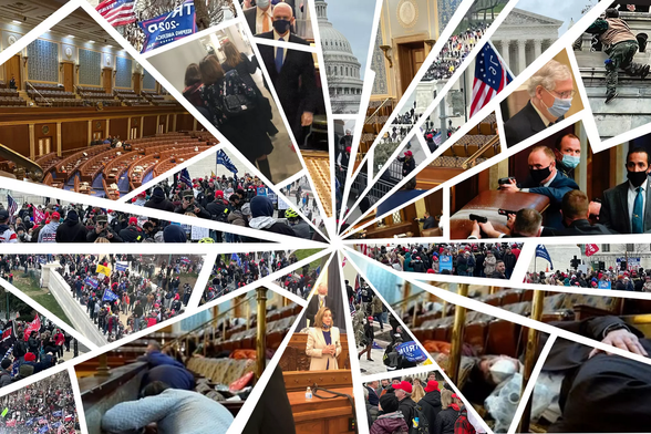 Color kaleidoscopic image of rioters, insurrectionists, looters, and felons Washington, DC, January 6, 2021.  Photo illustration of Jan. 6th scenes framed in the facets of a broken glass design
(Photo illustration by Jim Cooke / Los Angeles Times; photos by Matt Laslo, Rep. Norma Torres, Andrew Harnik / Associated Press and Jose Luis Magana / AP)