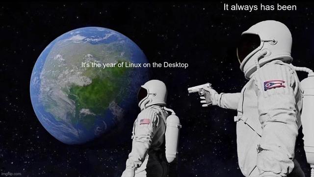 That "Always has been" meme, the one with two astronauts looking at the Earth. 

One looks towards Earth and says "It's the year of Linux on the Desktop".

The other astronaut behind him, pointing a gun at the first, is saying "It always has been".