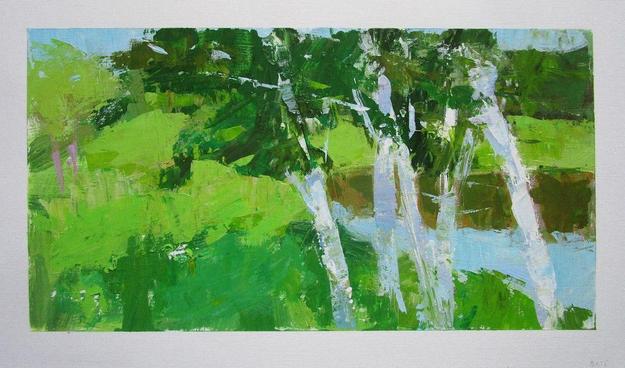 An original 8x15 acrylic painting on paper, unframed, of a field of green as birches to the right gently arch over a nearby pond, by Janet Dyer

Note: Discounts and sales do not apply to original artwork.