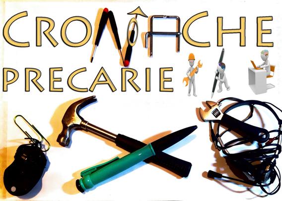 In alto la scritta "Cronache Precarie", con un "n" ricavata da tre cacciaviti e uno di questi a mo' del simbolo dell'autogestione, la saetta che rompe il cerchio. Di fianco un "a" fatta con delle brugole. Al centro una penna gigante incrocia un martello. A sinistra c'è una graffetta gigante e un mouse. A destra delle cuffie con microfono e una chiave inglese. Sopra tre omini: uno impugna una chiave inglese gigante, un altro una penna gigante e un altro ancora siede al computer. Tutti e tre hanno il "cervello" che è anche uno dei loghi di Fanrivista