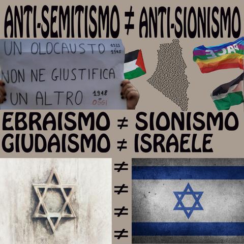 In foto le parole "antisemitismo", "ebraismo" e "giudaismo" nella colonna sinistra insieme a una stella di David. In mezzo più volte è ripetuto il simbolo matematico "≠", "diverso da" e nella colonna destra le parole "antisionismo", "sionismo" e "Israele", insieme alla bandiera di Israele. Si vede anche una bandiera della pace insieme a una della Palestina e un cartello a una manifestazione con la scritta "un olocausto (1933-45) non ne giustifica un altro (1948-oggi)", oltre a una mappa di Israele e Palestina disegnata come un enorme labirinto