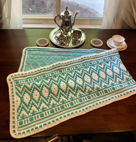 Mosaic Overlay, Hand Crocheted, Tarqua and White, Diamonds Table Runner!