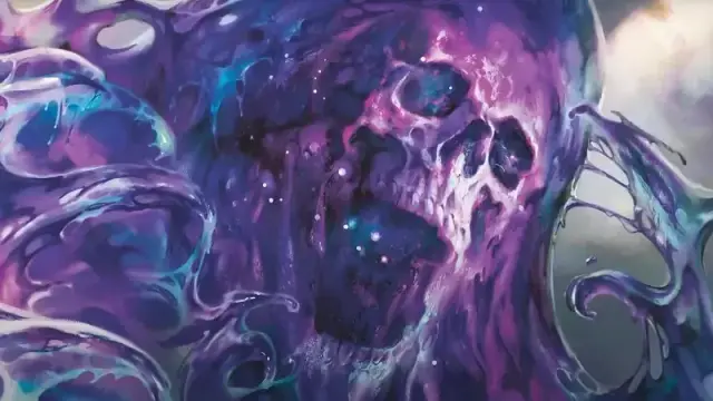 Official DnD artwork from the 2025 Monster Manual, featuring a massive purple Blob of Annihilation engulfing a village.