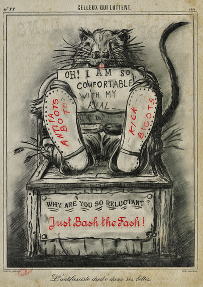Faux vintage lithography with a happy coypu sitting on a wooden crate and reading a newspaper. He wears big boots whose soles can be seen. On the newspaper, the boots soles and a label on a crate, a text reads: oh! I am so comfortable with my antifa boots to kick bigots. Why are you so reluctant, just bash the fash.