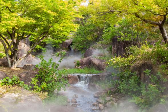 a little waterfall in the centre, surrounded by green trees with a steamed part in the bottom