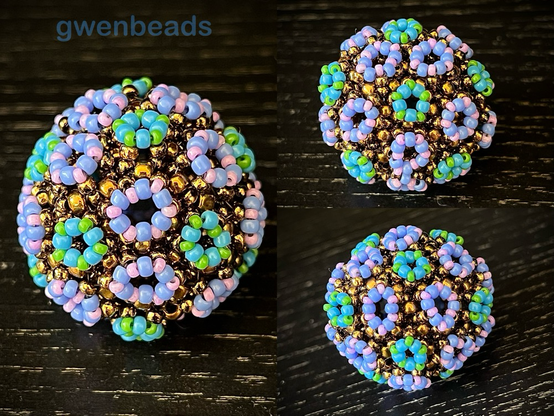 Three photos of a very round beaded bead with the symmetry of a soccer ball. The surface is covered in rings of 10 and 12 beads.