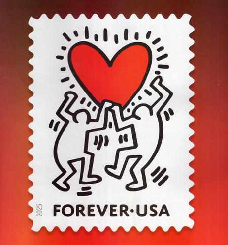 Image of a "Forever" postage stamp with a very simple black, white and red drawing consisting of two gender-free humanoid thick-line Haring-esque people dancing and holding above them raised arms a red heart that appears to be vibrating.